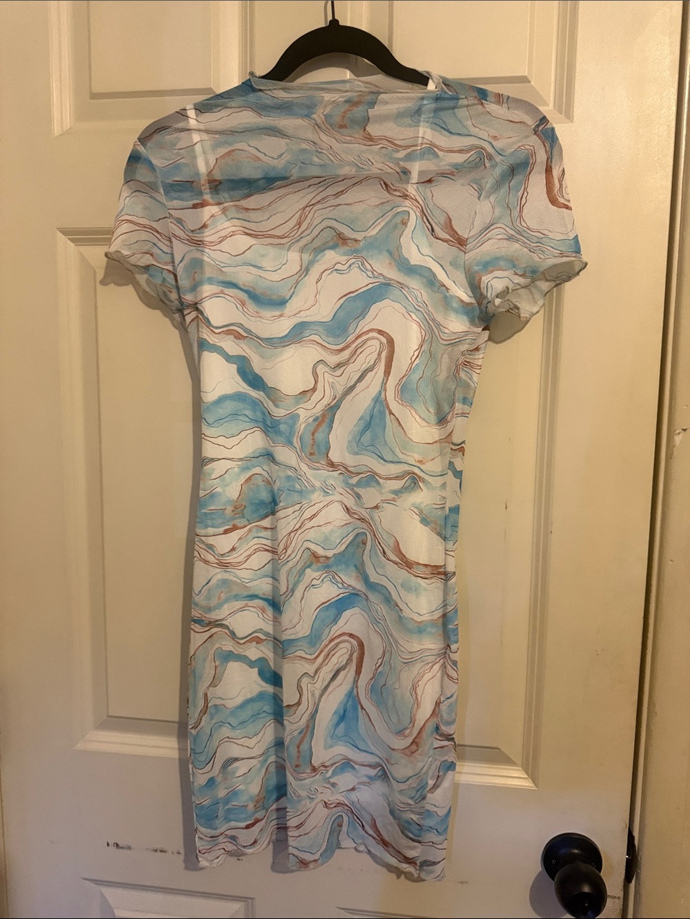 Blue Marble-Print Short Sleeve Women's Dress